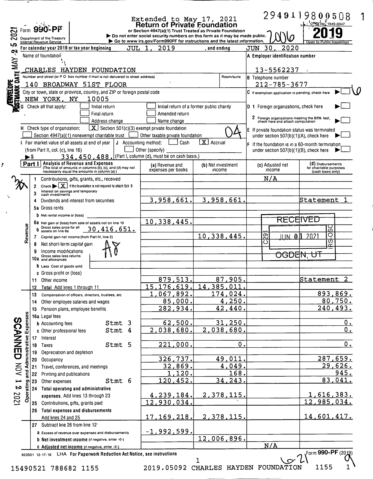 Image of first page of 2019 Form 990PF for Charles Hayden Foundation