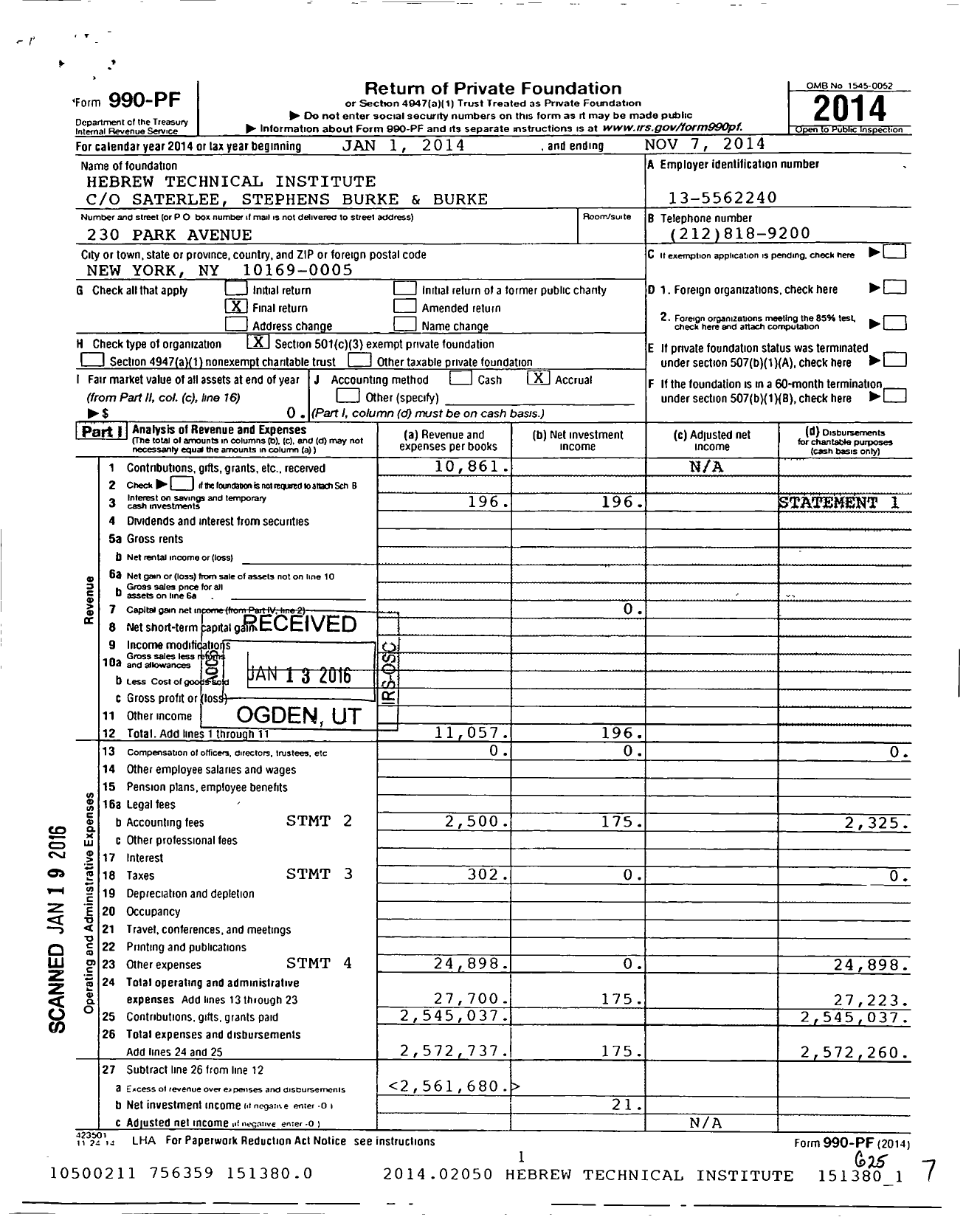 Image of first page of 2013 Form 990PF for Hebrew Technical Institute