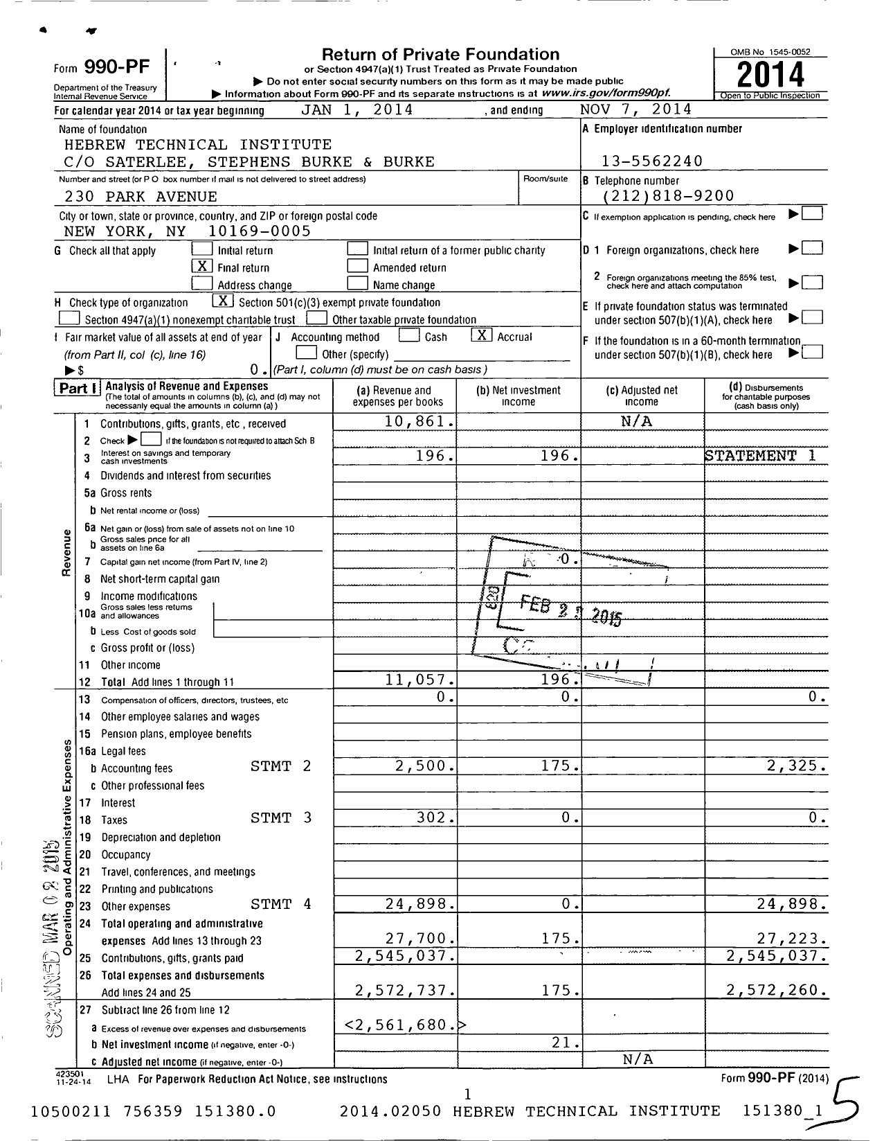 Image of first page of 2013 Form 990PF for Hebrew Technical Institute