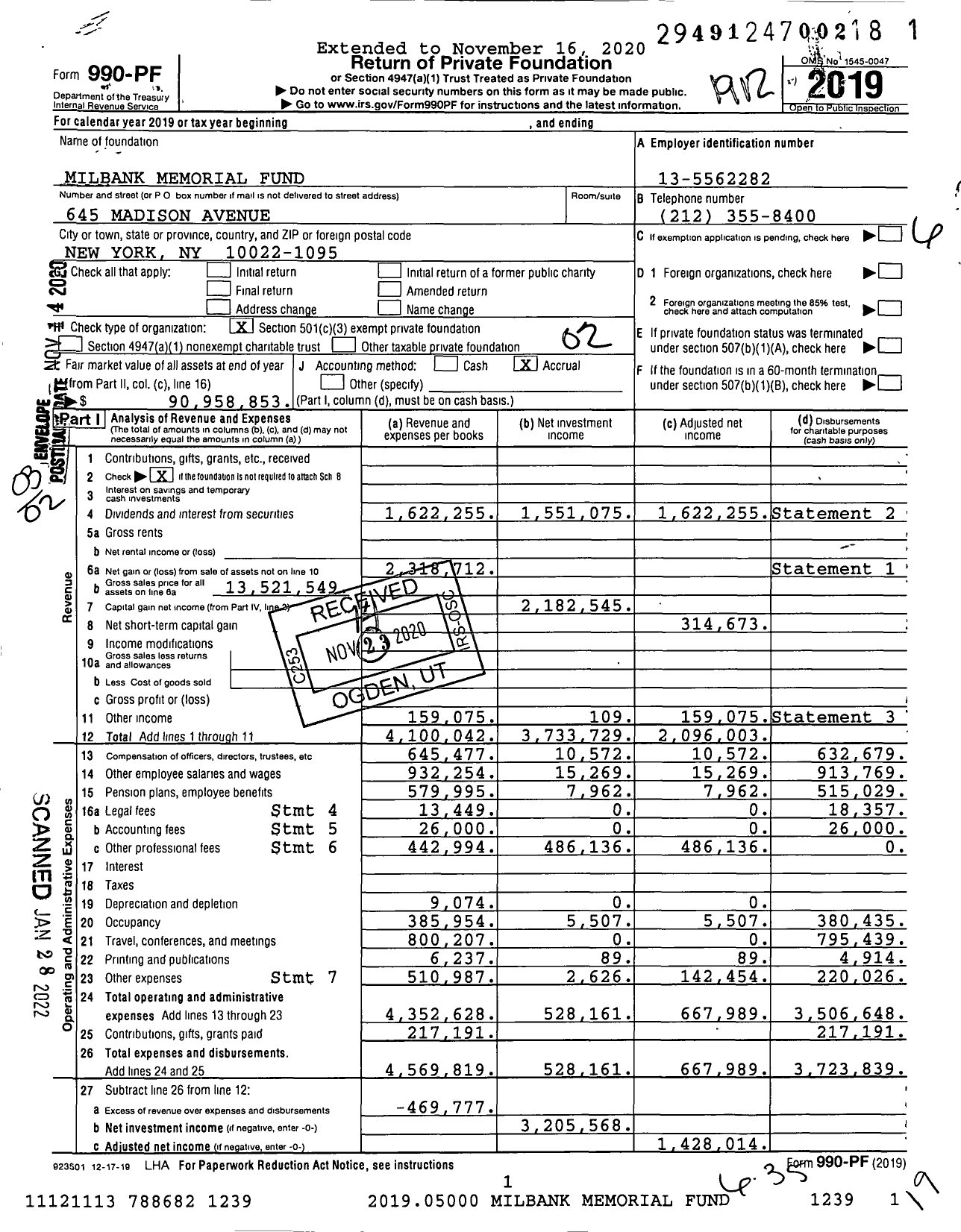 Image of first page of 2019 Form 990PF for Milbank Memorial Fund