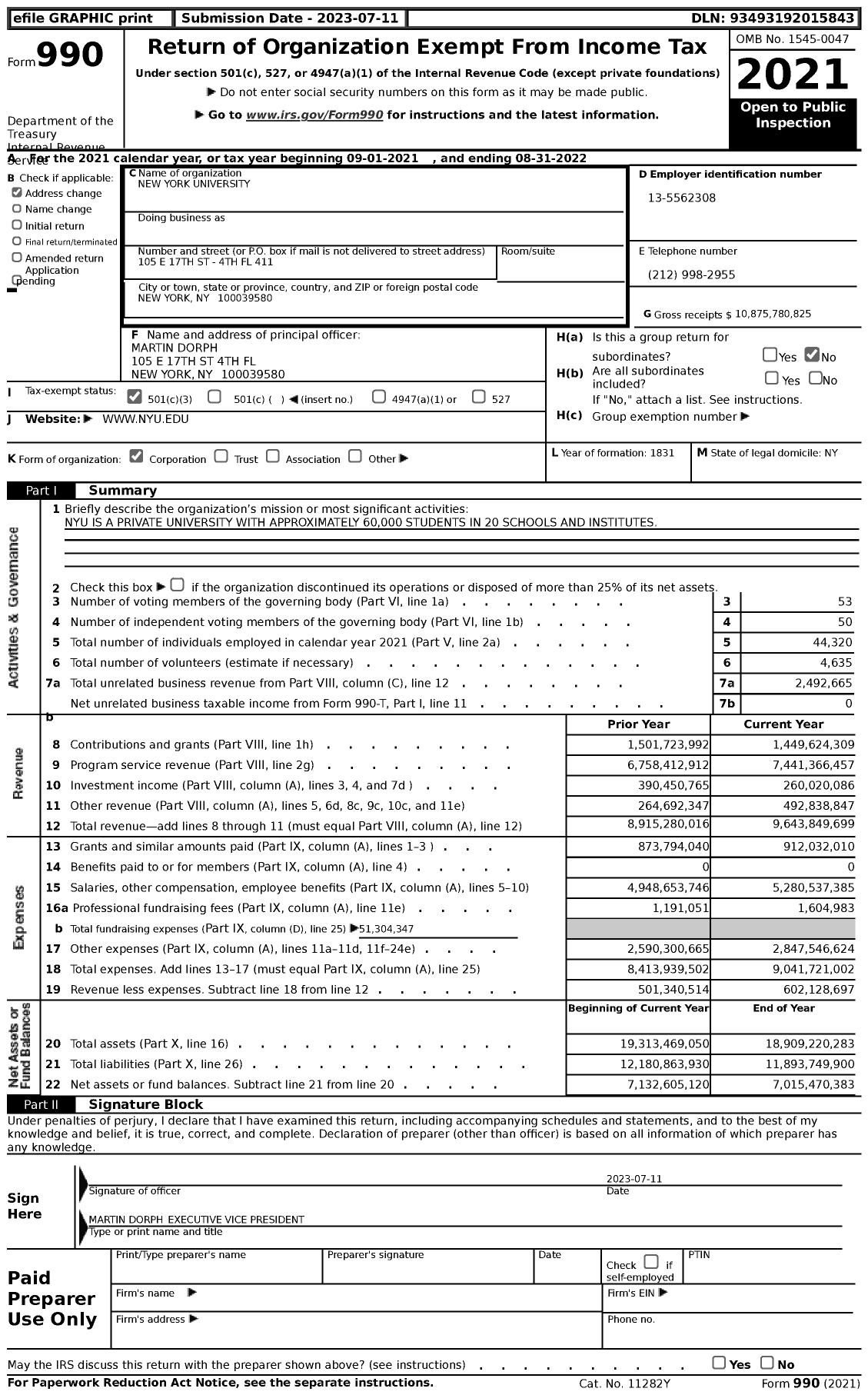 Image of first page of 2021 Form 990 for New York University (NYU)