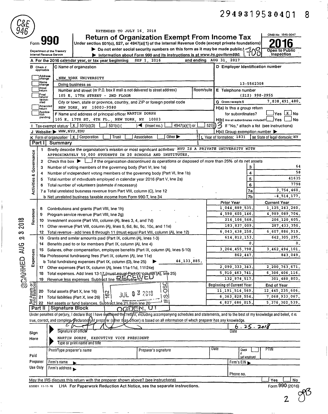 Image of first page of 2016 Form 990 for New York University (NYU)