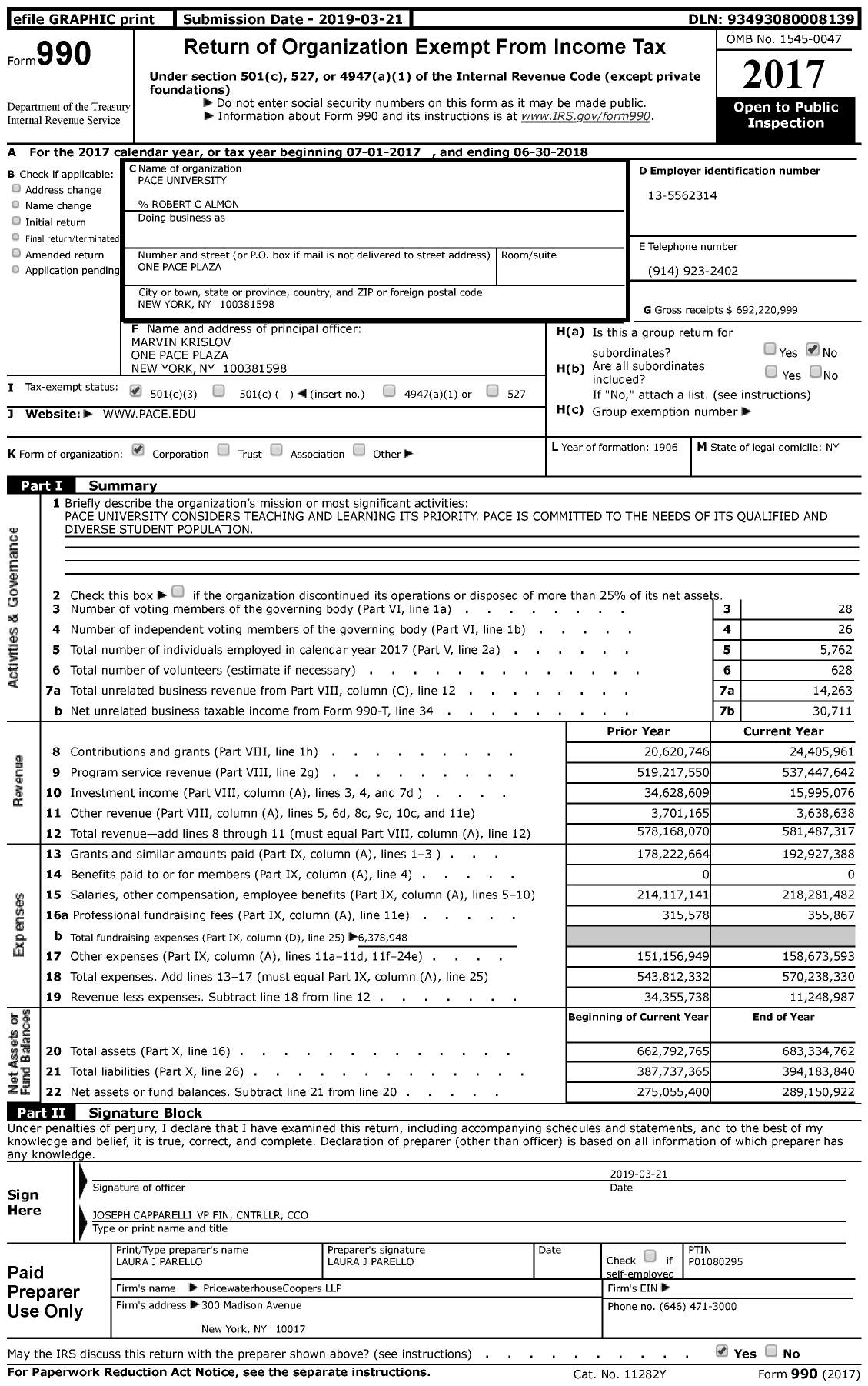 Image of first page of 2017 Form 990 for Pace University