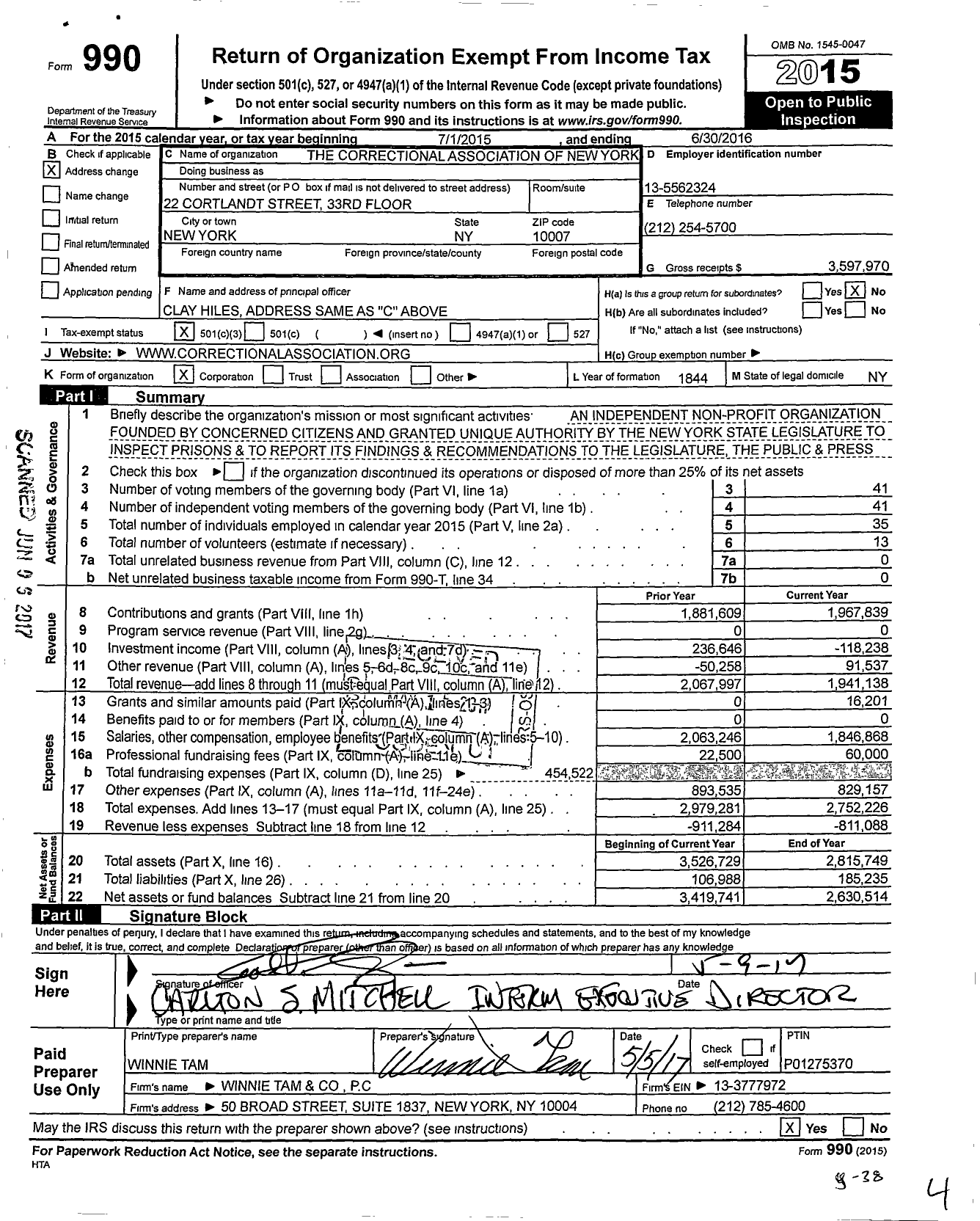 Image of first page of 2015 Form 990 for Correctional Association of New York (CA)