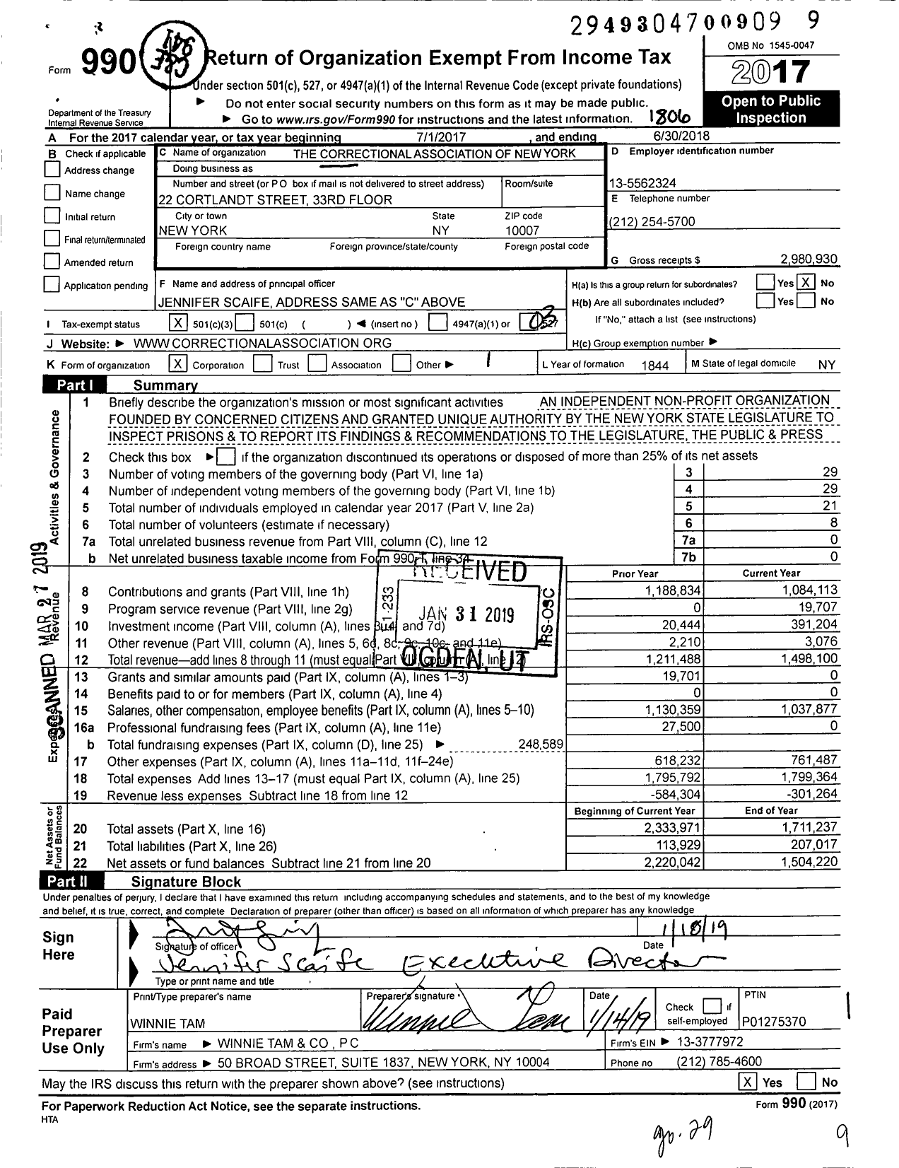 Image of first page of 2017 Form 990 for Correctional Association of New York (CA)