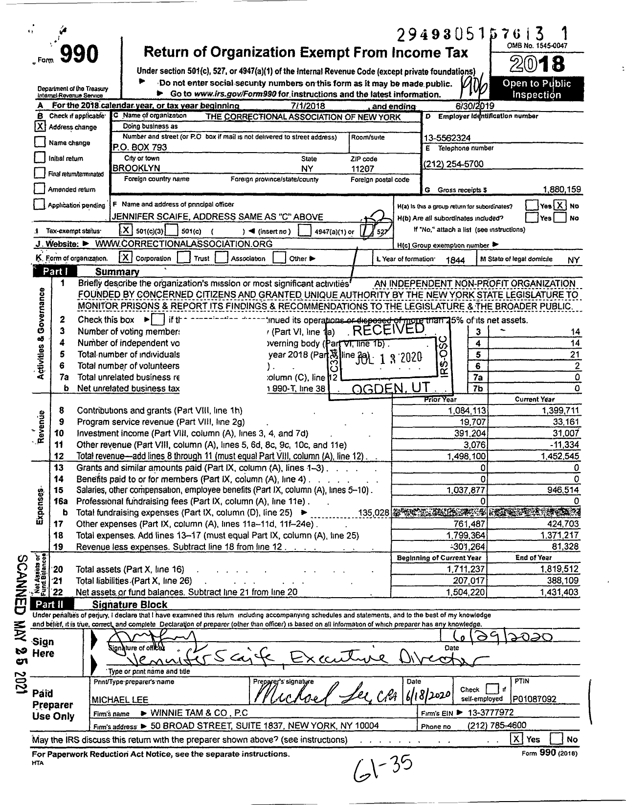 Image of first page of 2018 Form 990 for Correctional Association of New York (CA)