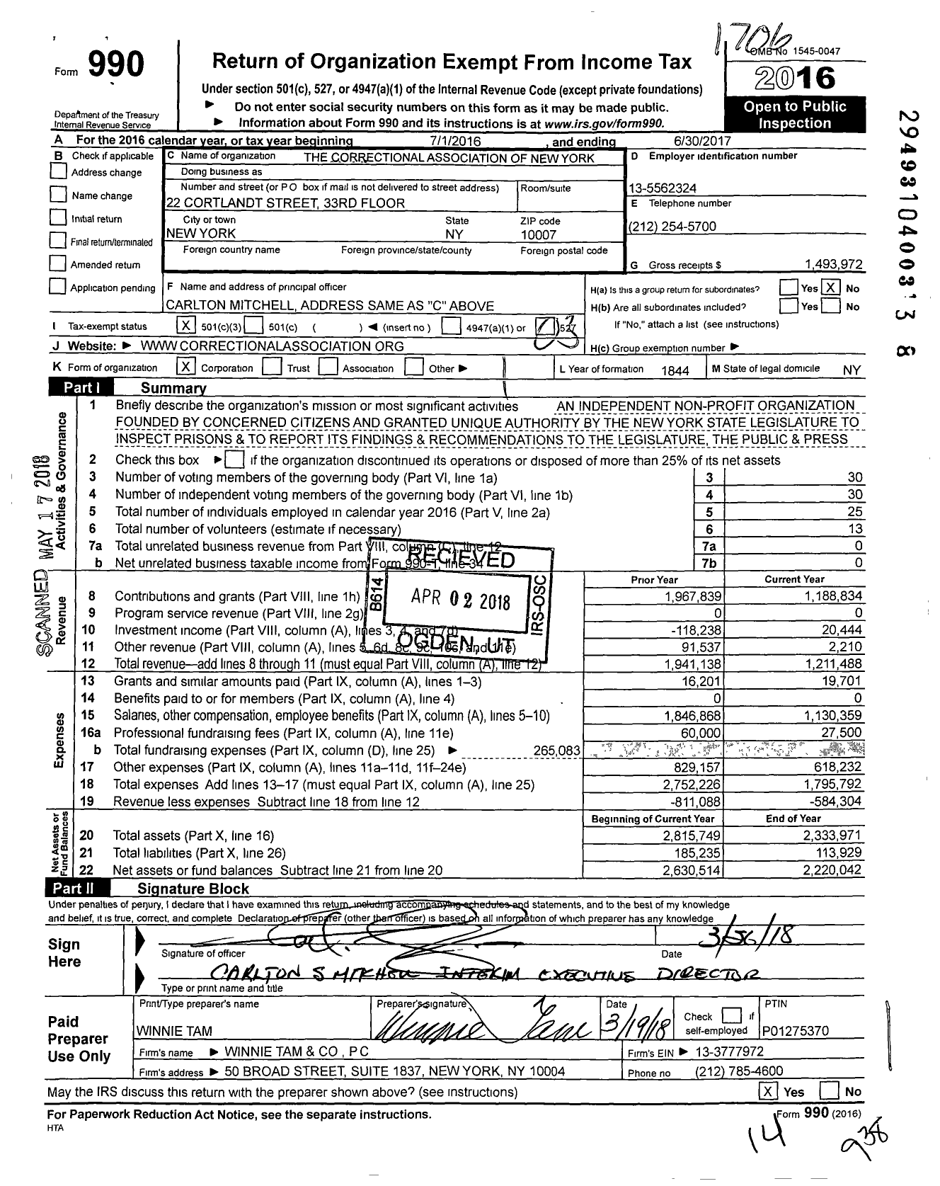 Image of first page of 2016 Form 990 for Correctional Association of New York (CA)