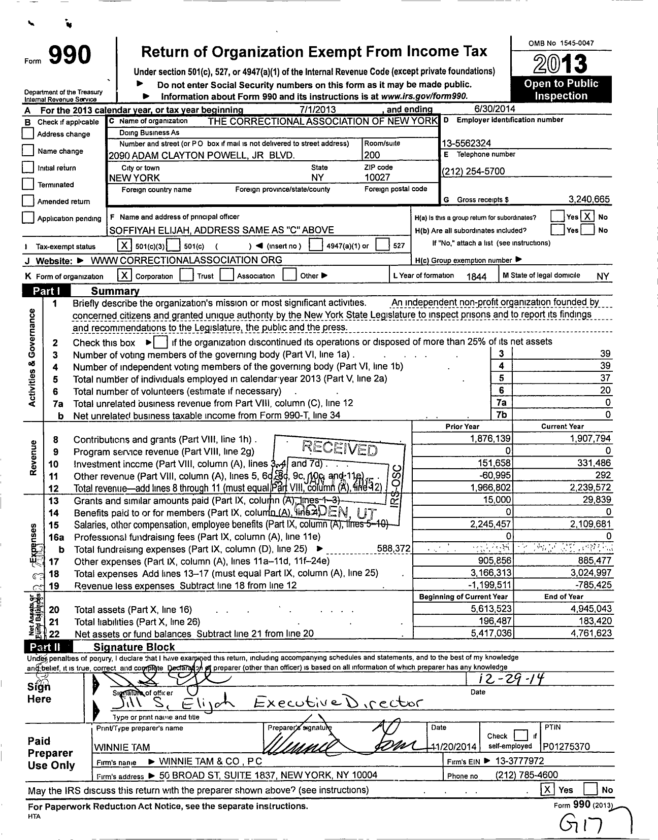 Image of first page of 2013 Form 990 for Correctional Association of New York (CA)