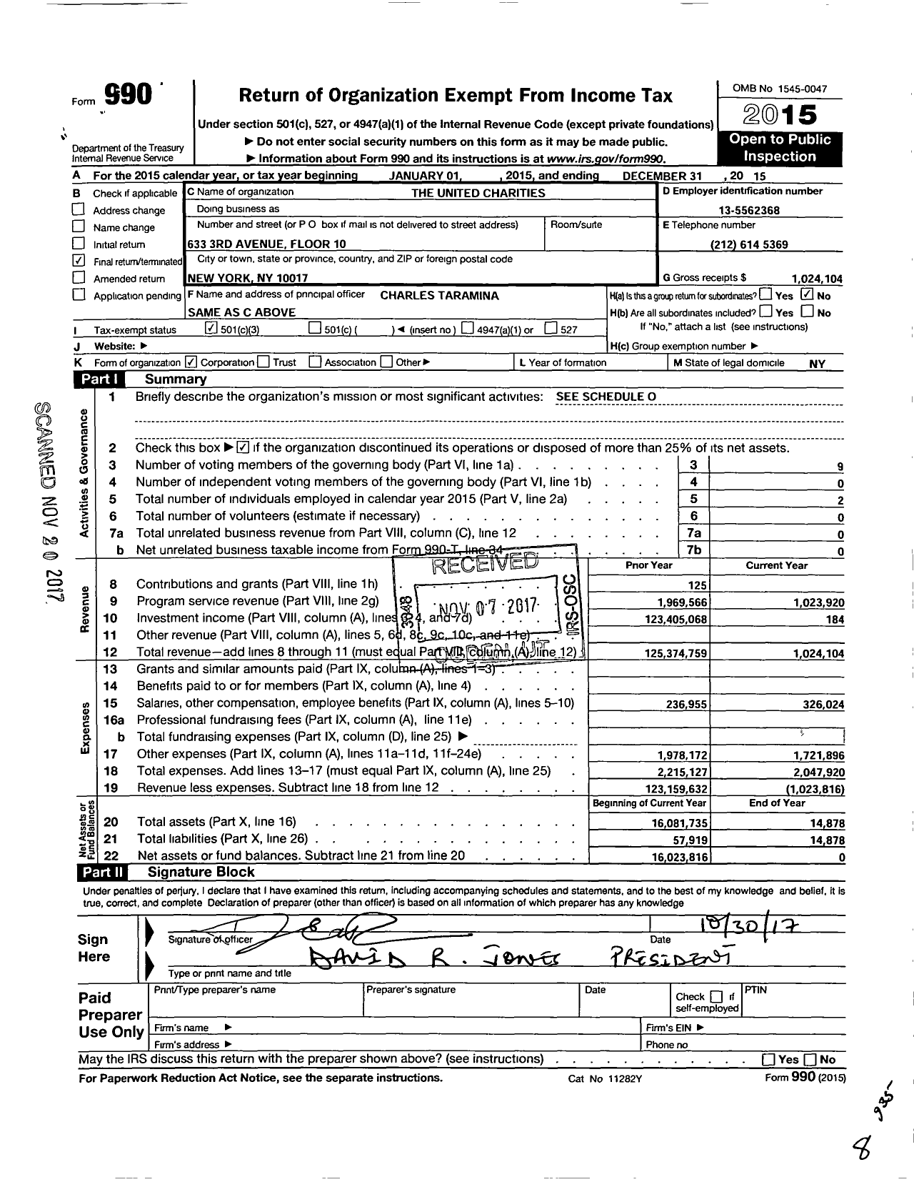 Image of first page of 2015 Form 990 for The United Charities