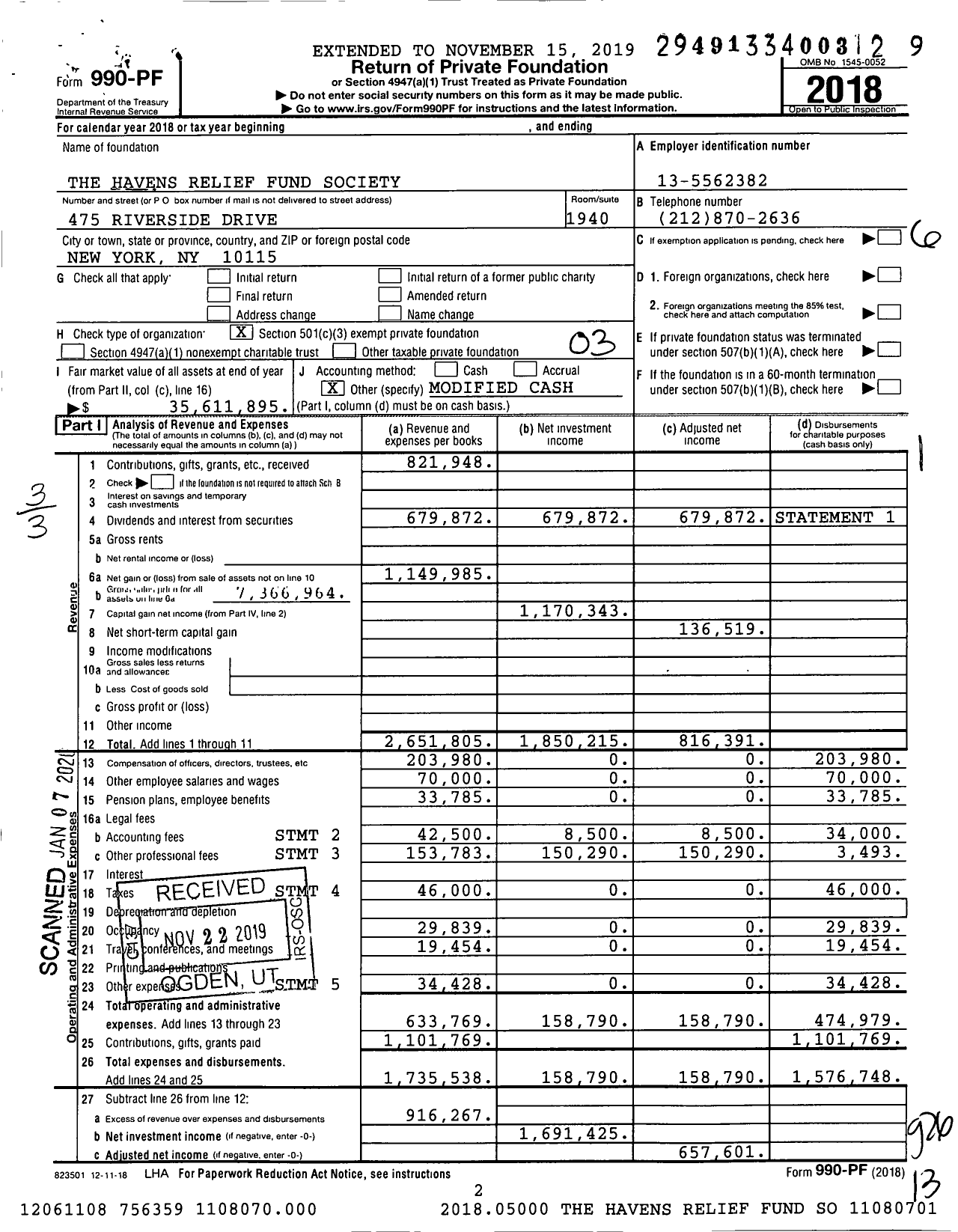Image of first page of 2018 Form 990PF for The Havens Relief Fund Society