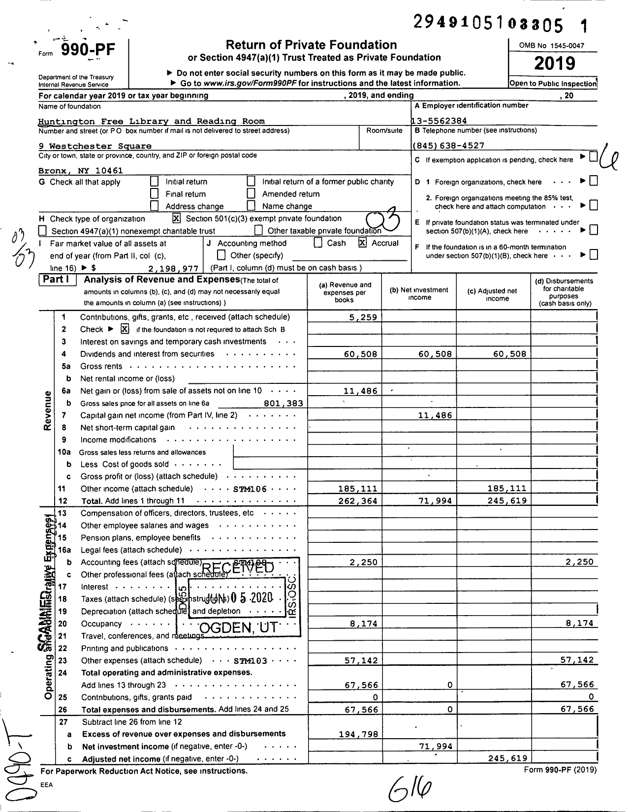 Image of first page of 2019 Form 990PF for Huntington Free Library and Reading Room