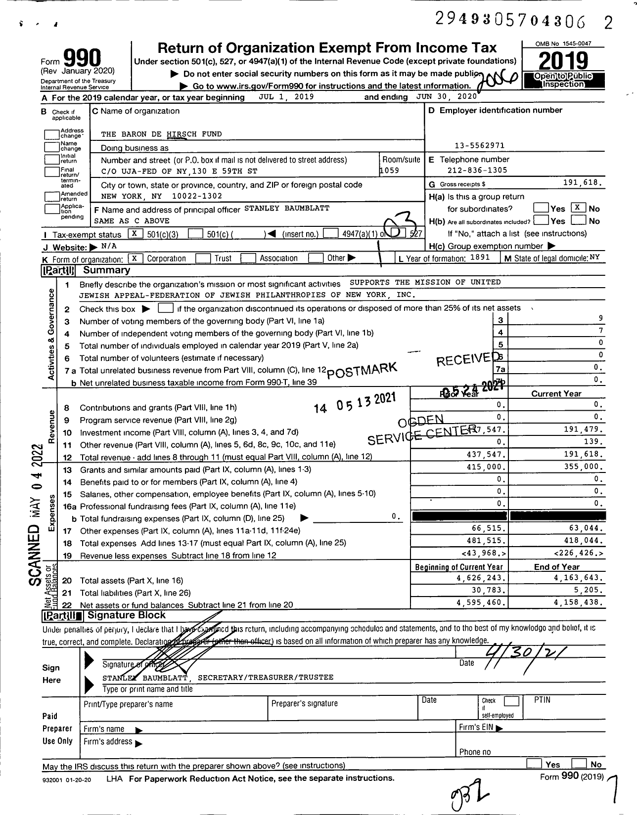 Image of first page of 2019 Form 990 for The Baron de Hirsch Fund