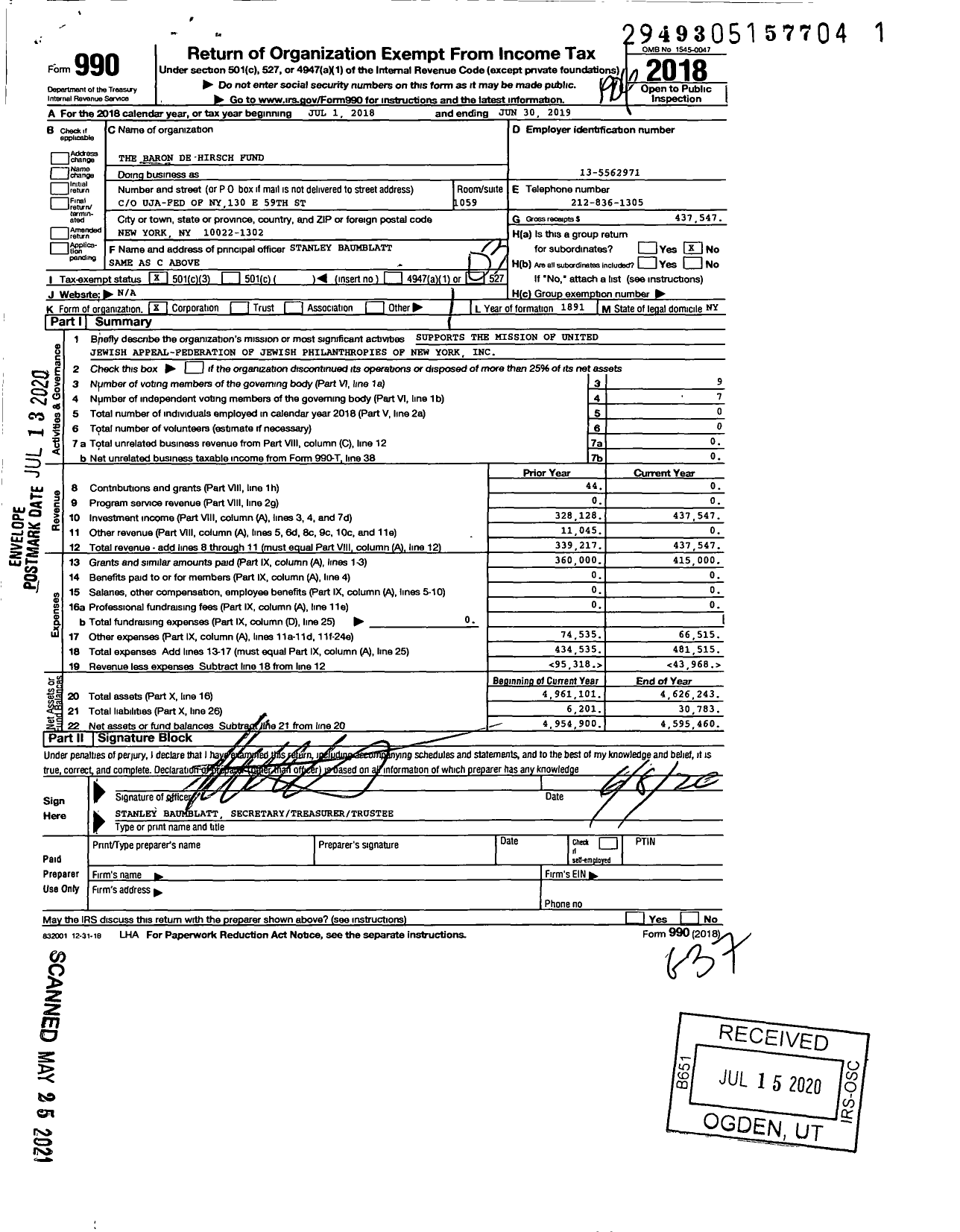 Image of first page of 2018 Form 990 for The Baron de Hirsch Fund