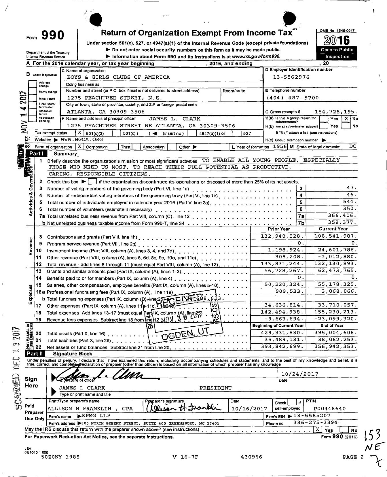 Image of first page of 2016 Form 990 for Boys and Girls Clubs of America