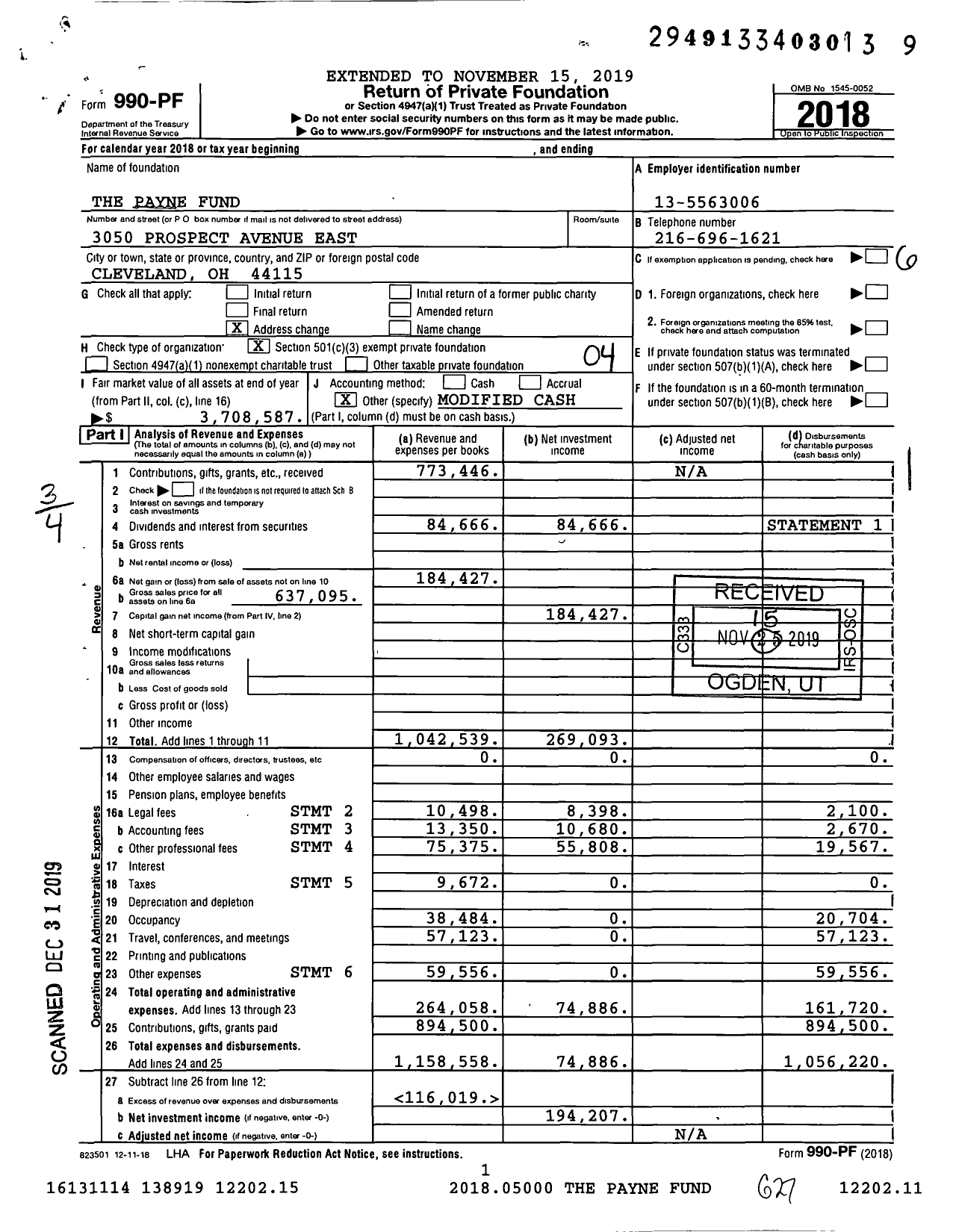 Image of first page of 2018 Form 990PF for The Payne Fund