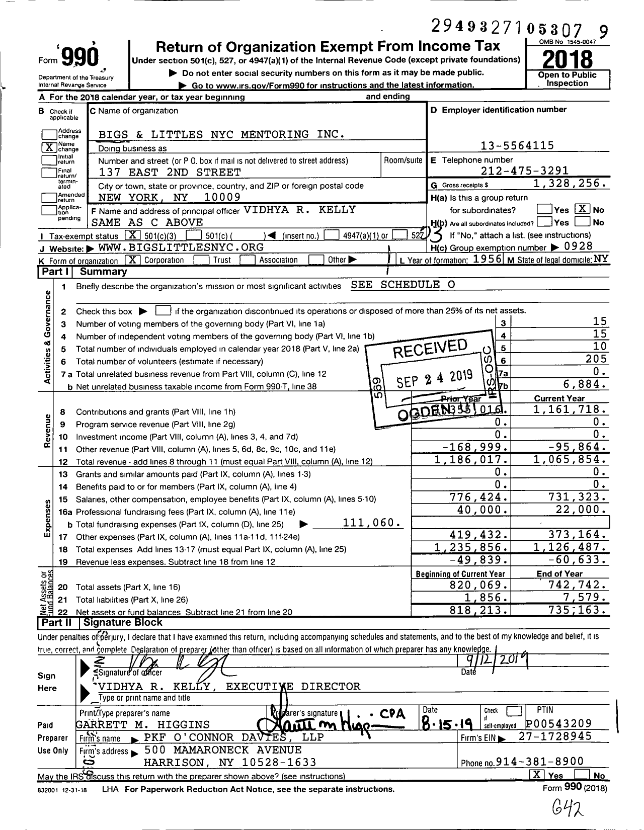 Image of first page of 2018 Form 990 for Bigs and Littles Nyc Mentoring (CBSBB)