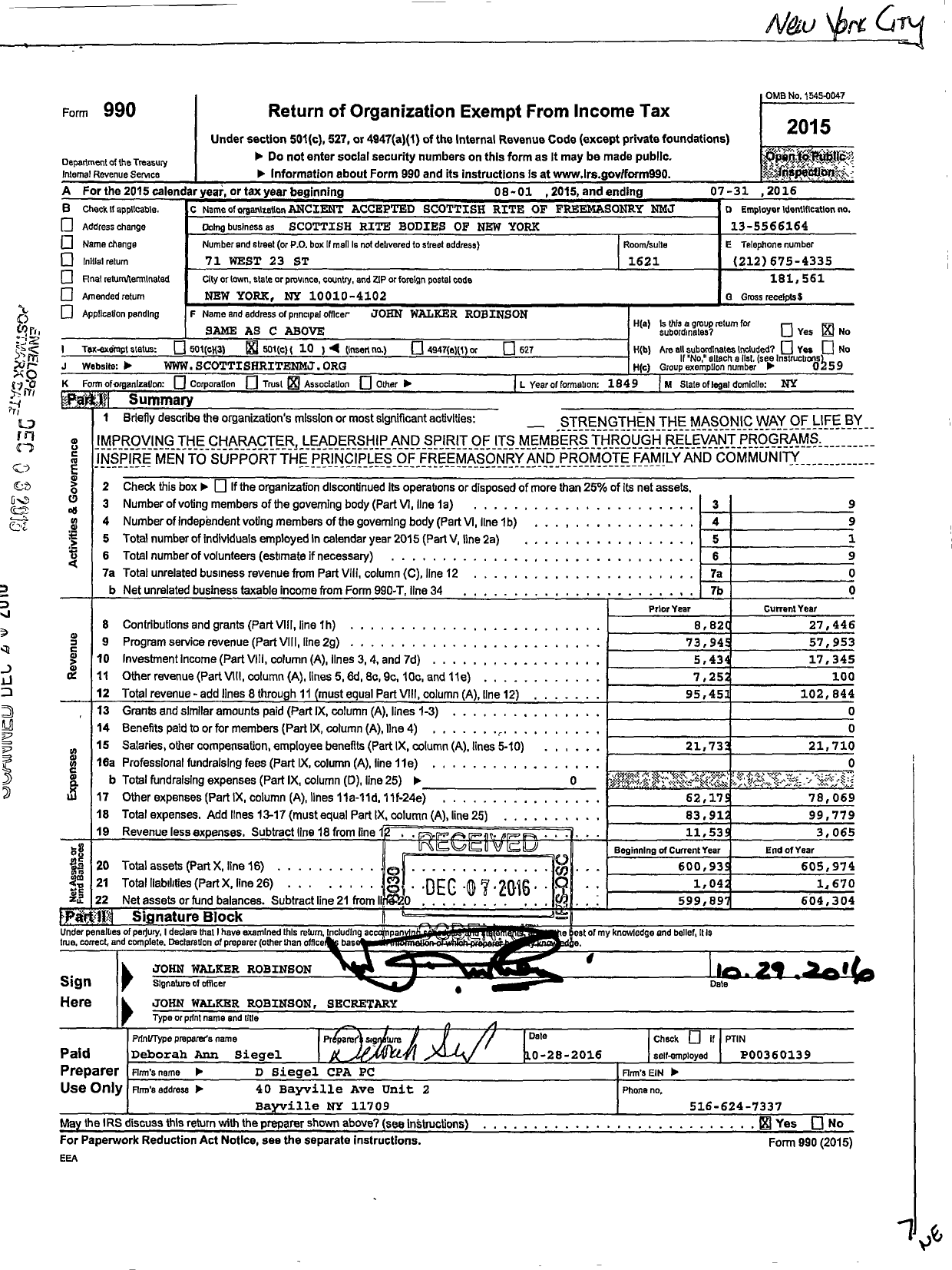 Image of first page of 2015 Form 990O for Scottish Rite, NMJ - Valley of New York