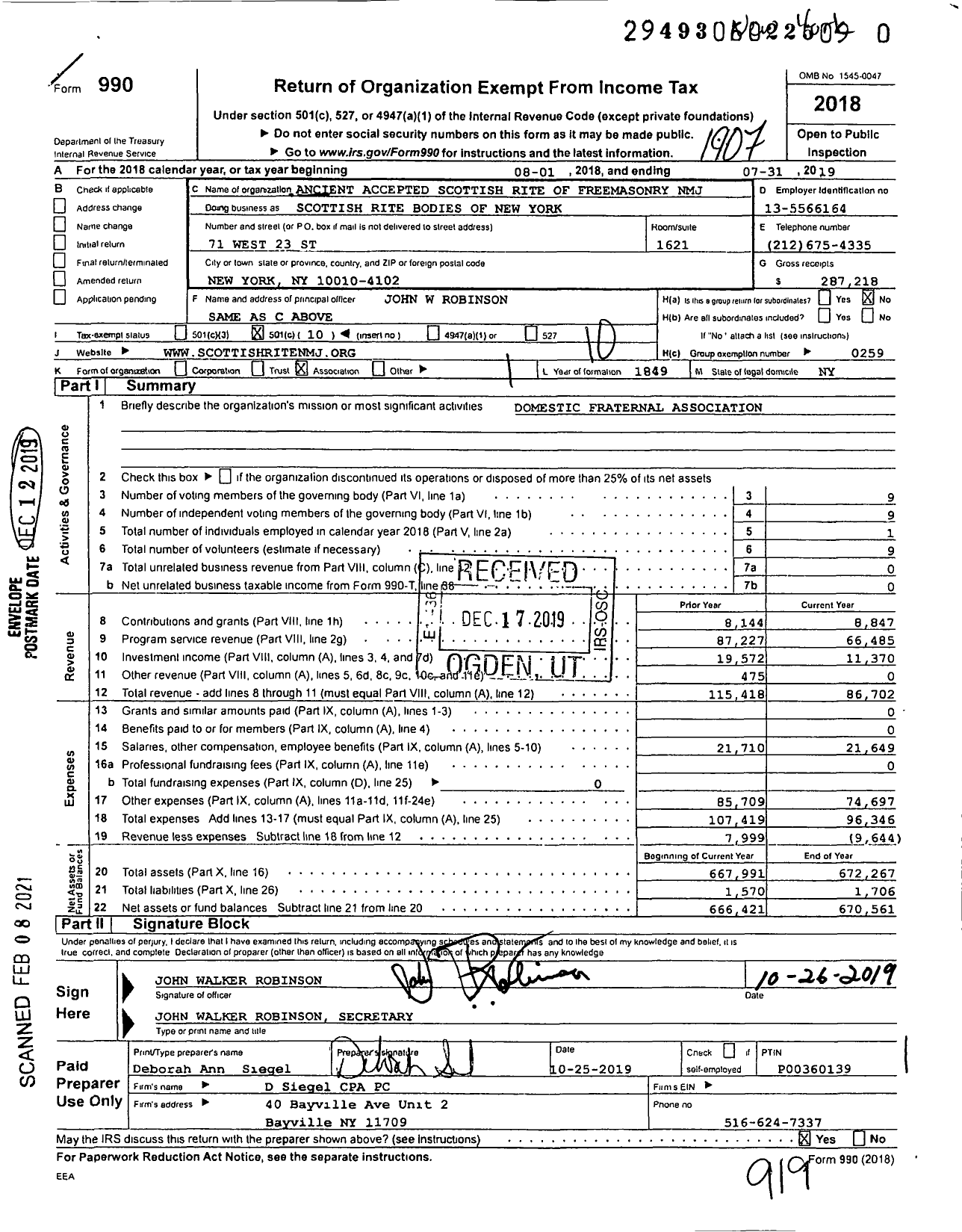 Image of first page of 2018 Form 990O for Scottish Rite, NMJ - Valley of New York