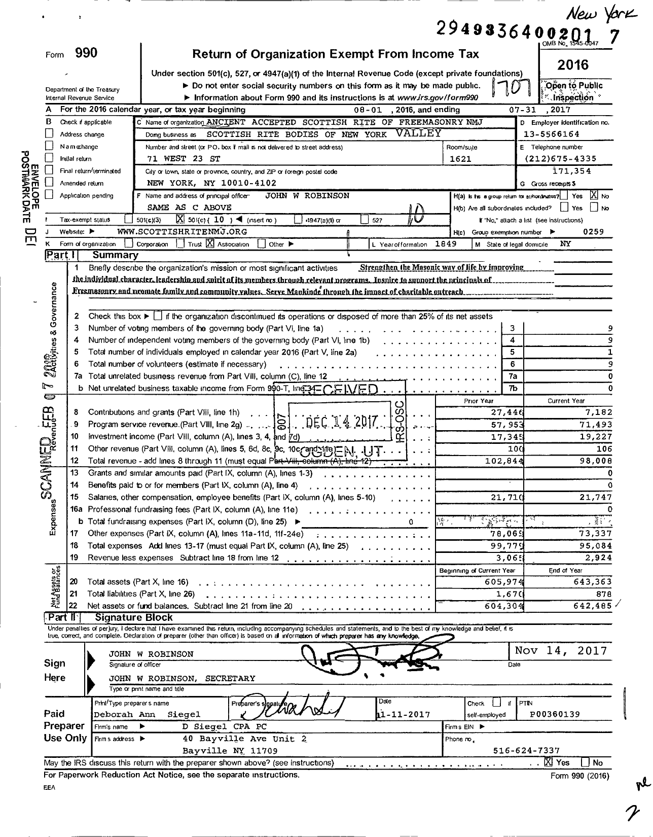 Image of first page of 2016 Form 990O for Scottish Rite, NMJ - Valley of New York