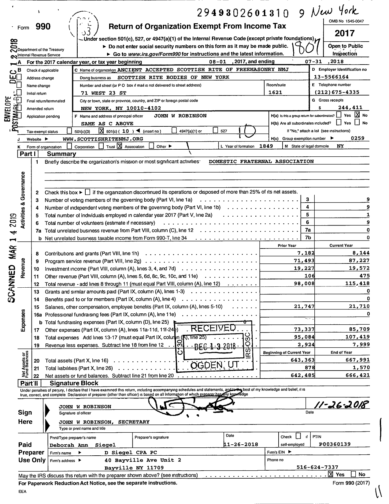 Image of first page of 2017 Form 990O for Scottish Rite, NMJ - Valley of New York