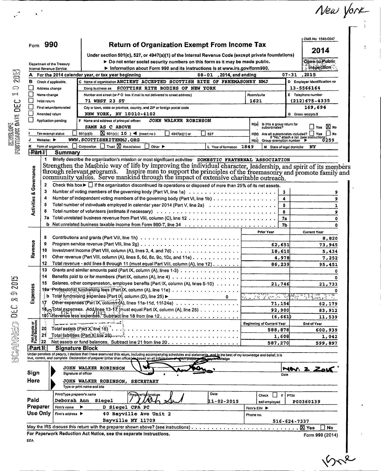 Image of first page of 2014 Form 990O for Scottish Rite, NMJ - Valley of New York