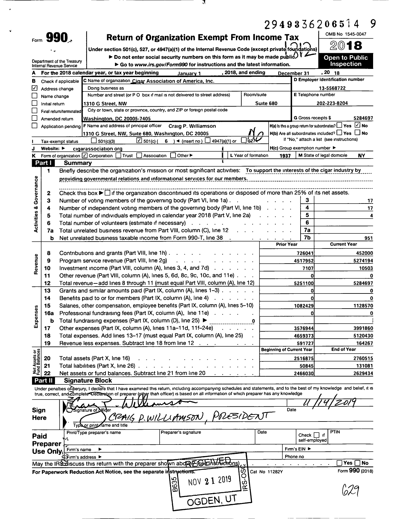 Image of first page of 2018 Form 990O for Cigar Association of America (CAA)