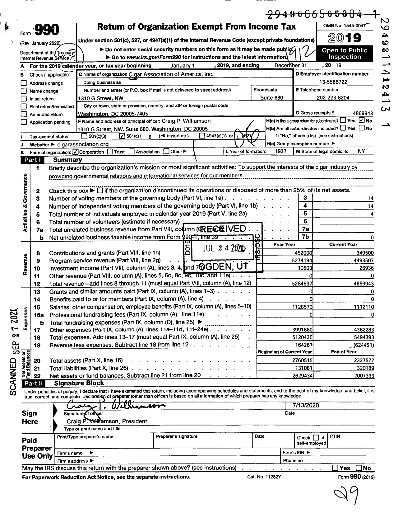 Image of first page of 2019 Form 990O for Cigar Association of America (CAA)