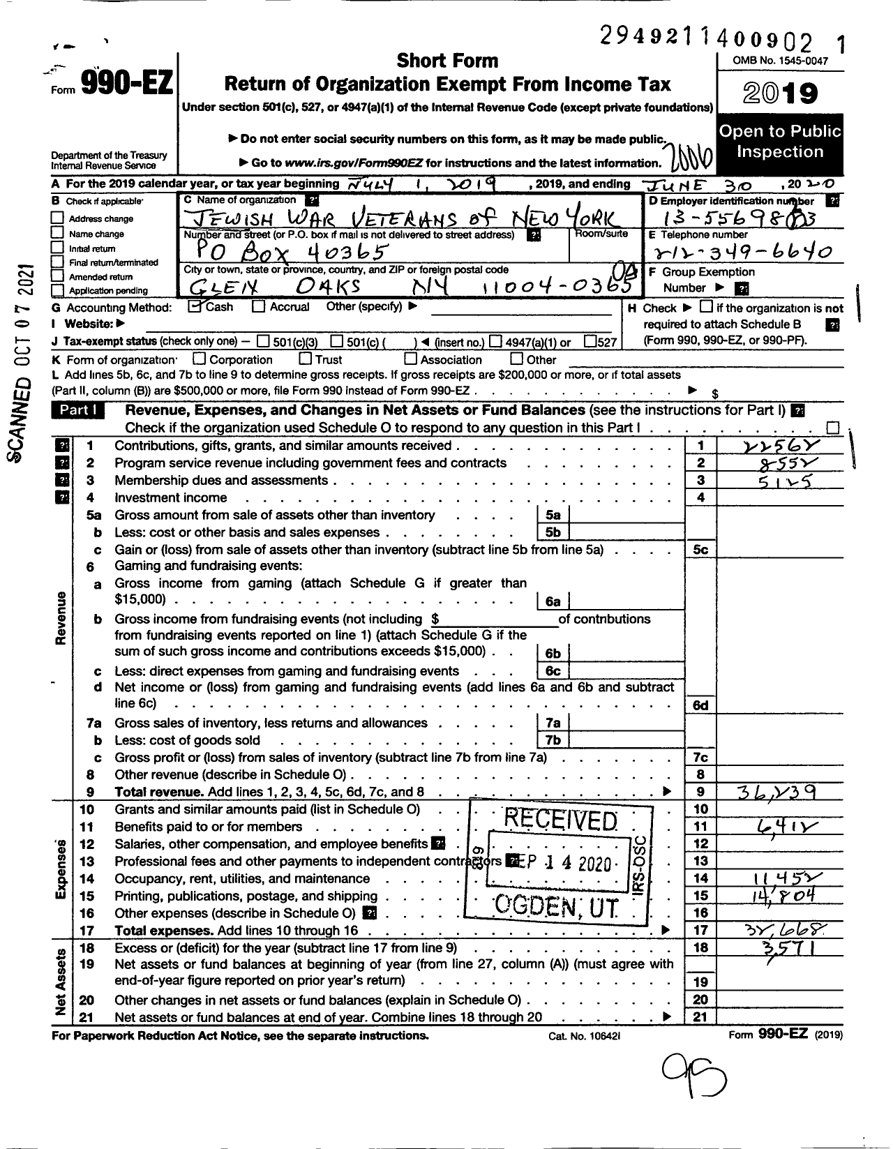 Image of first page of 2019 Form 990EO for Jewish War Veterans of the United States of America / Department of New York