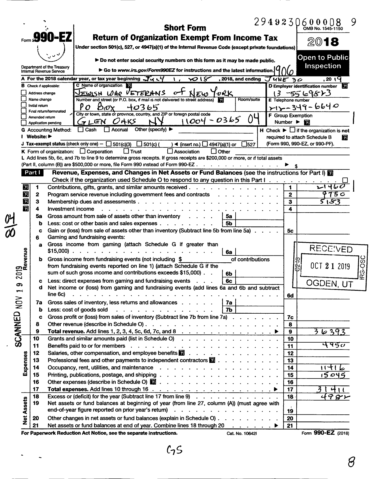 Image of first page of 2018 Form 990EO for Jewish War Veterans of the United States of America / Department of New York