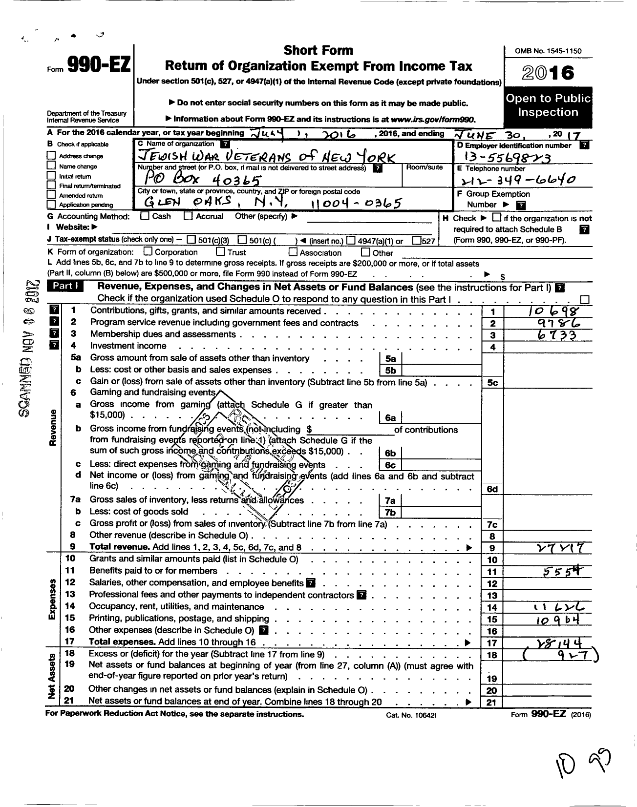 Image of first page of 2016 Form 990EO for Jewish War Veterans of the United States of America / Department of New York