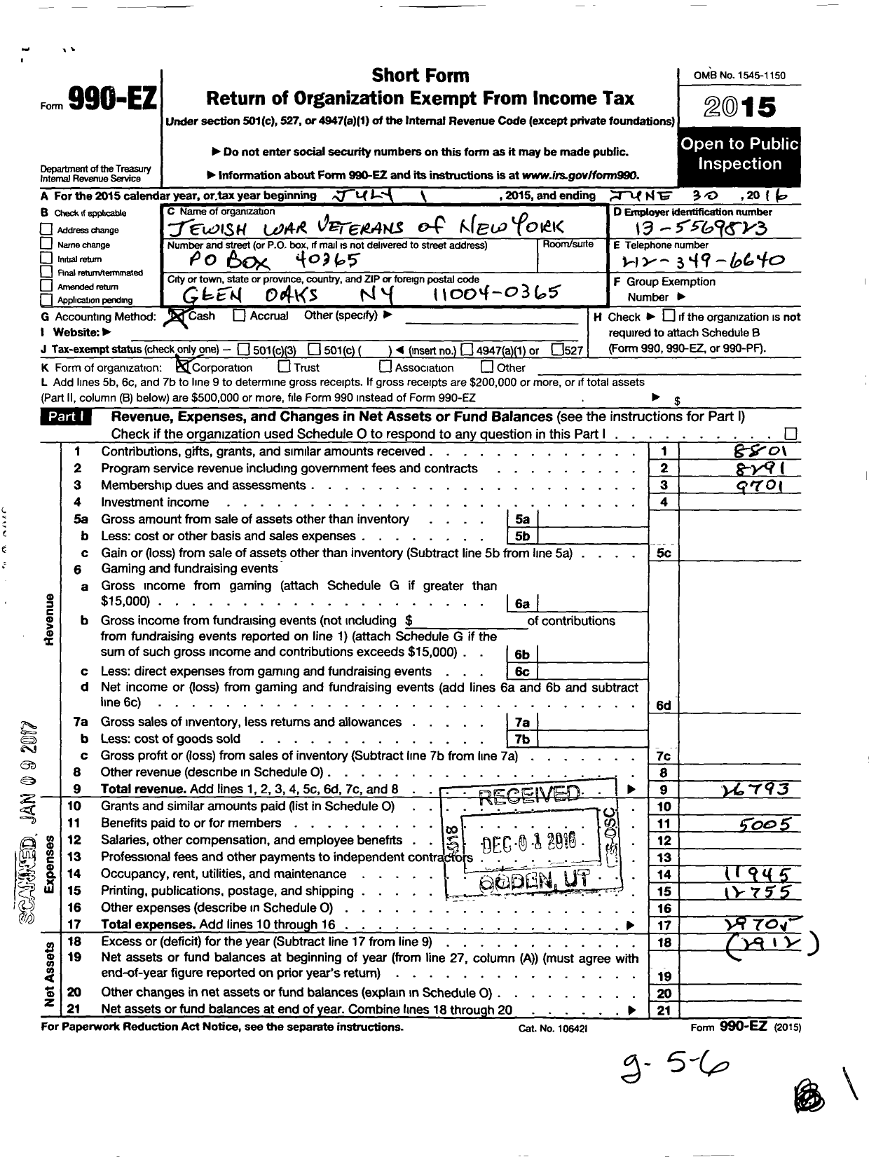 Image of first page of 2015 Form 990EO for Jewish War Veterans of the United States of America / Department of New York