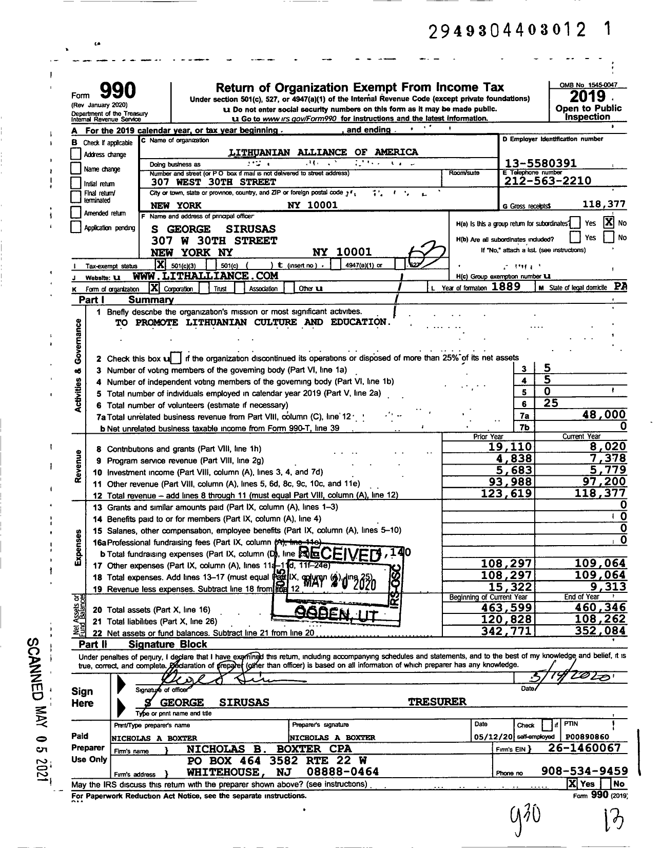 Image of first page of 2019 Form 990 for Lithuanian Alliance of America