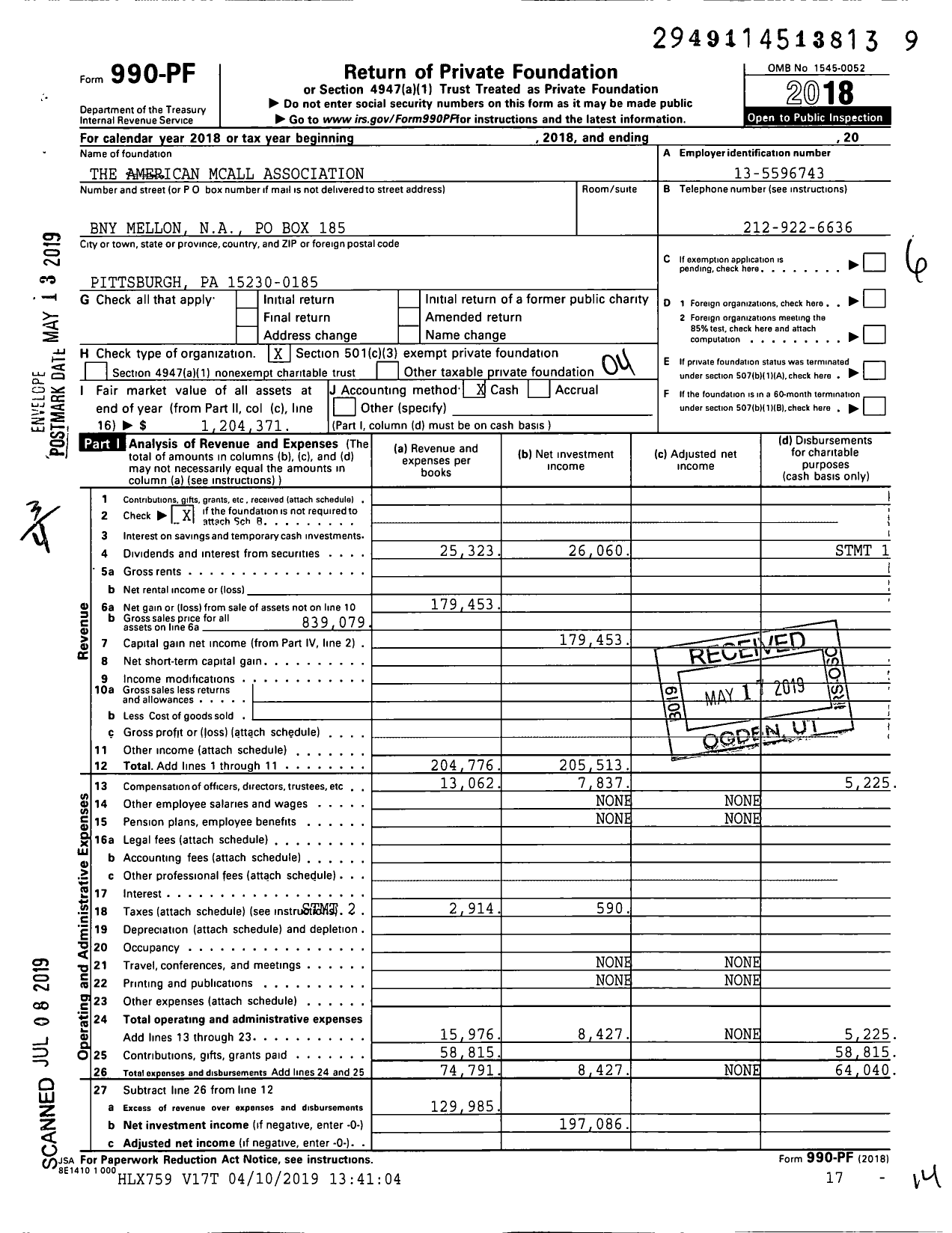 Image of first page of 2018 Form 990PF for The American Mcall Association