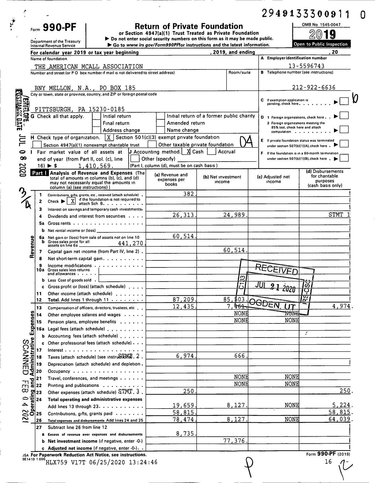 Image of first page of 2019 Form 990PF for The American Mcall Association