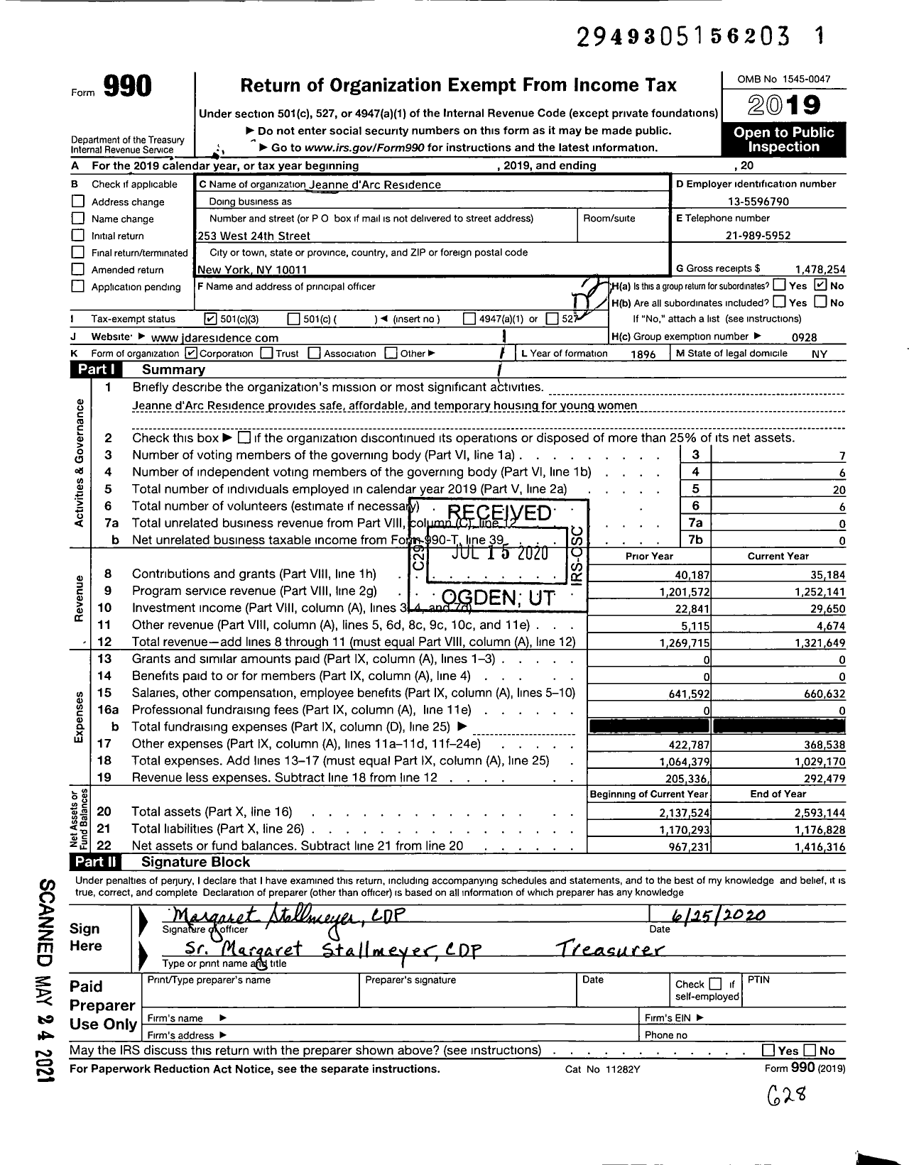 Image of first page of 2019 Form 990 for Jeanne d'Arc Residence