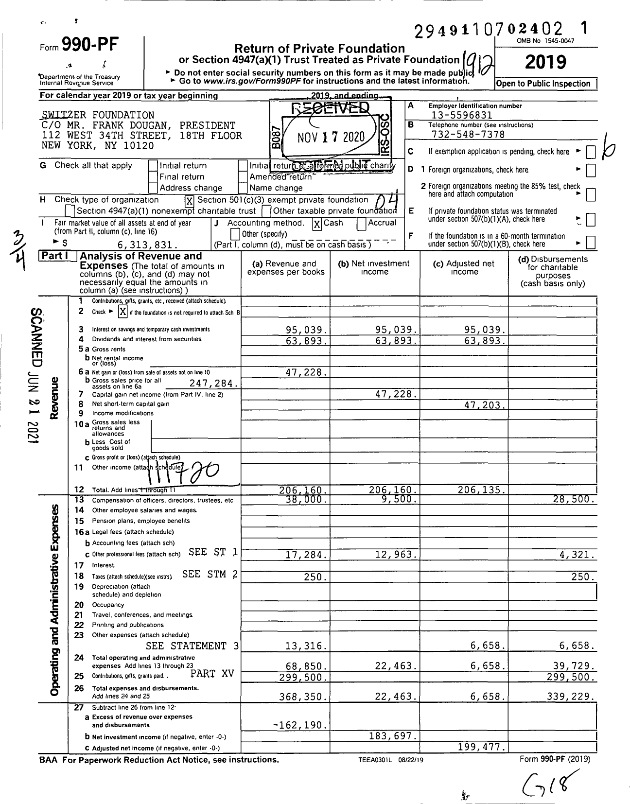 Image of first page of 2019 Form 990PF for Switzer Foundation