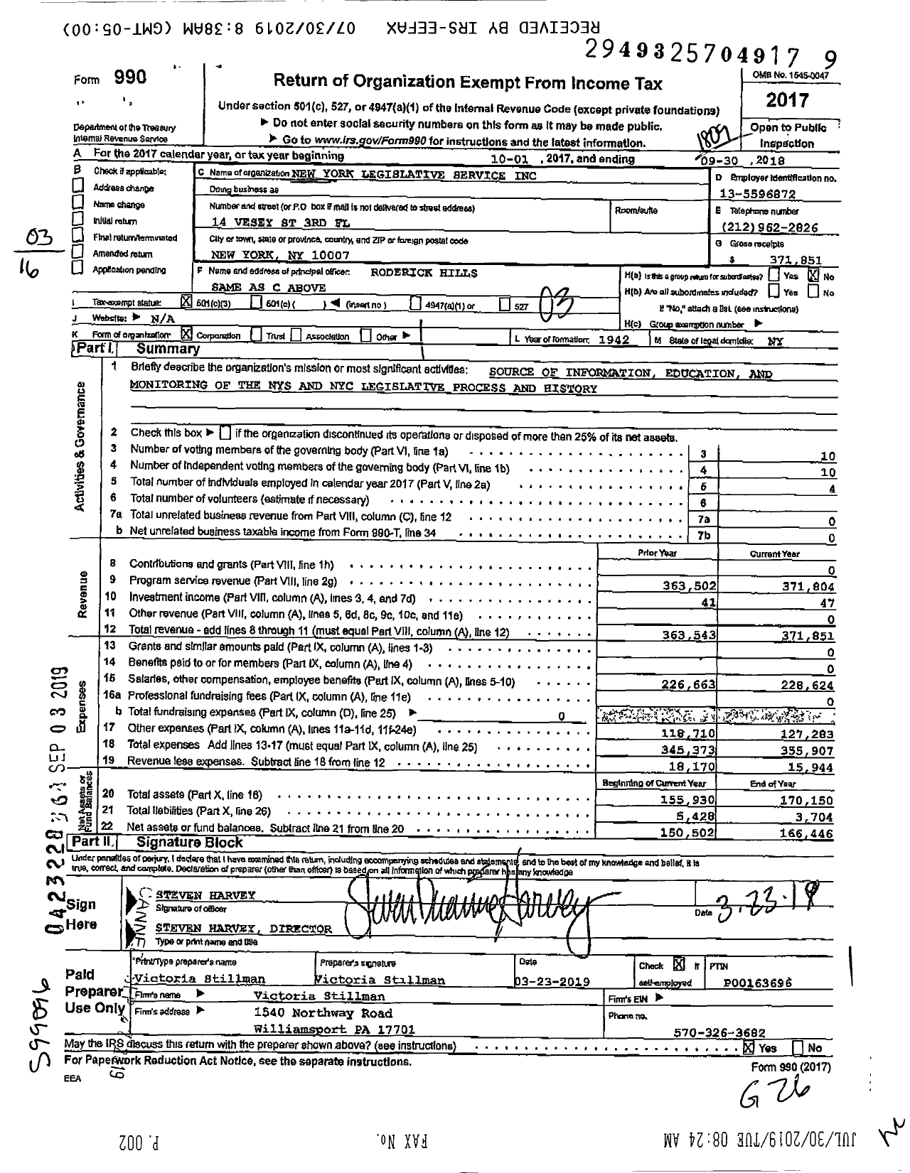 Image of first page of 2017 Form 990 for New York Legislative Service