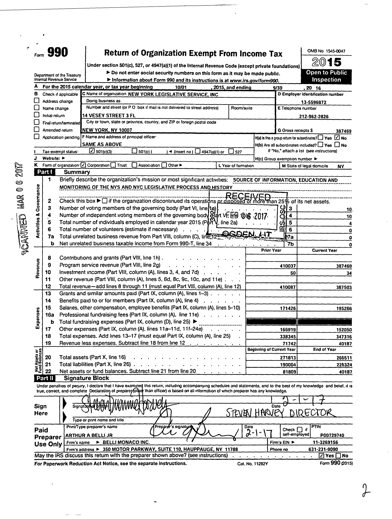 Image of first page of 2015 Form 990 for New York Legislative Service