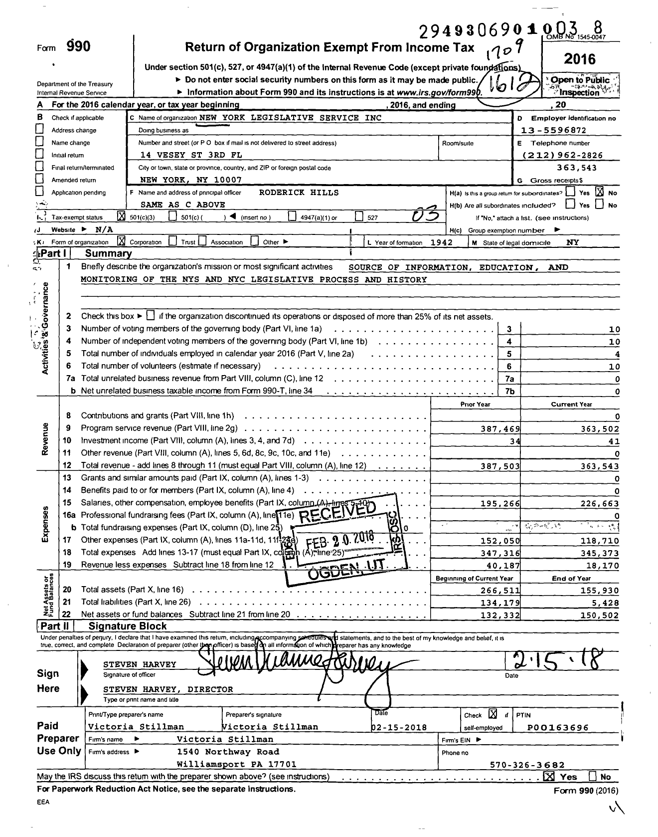 Image of first page of 2016 Form 990 for New York Legislative Service