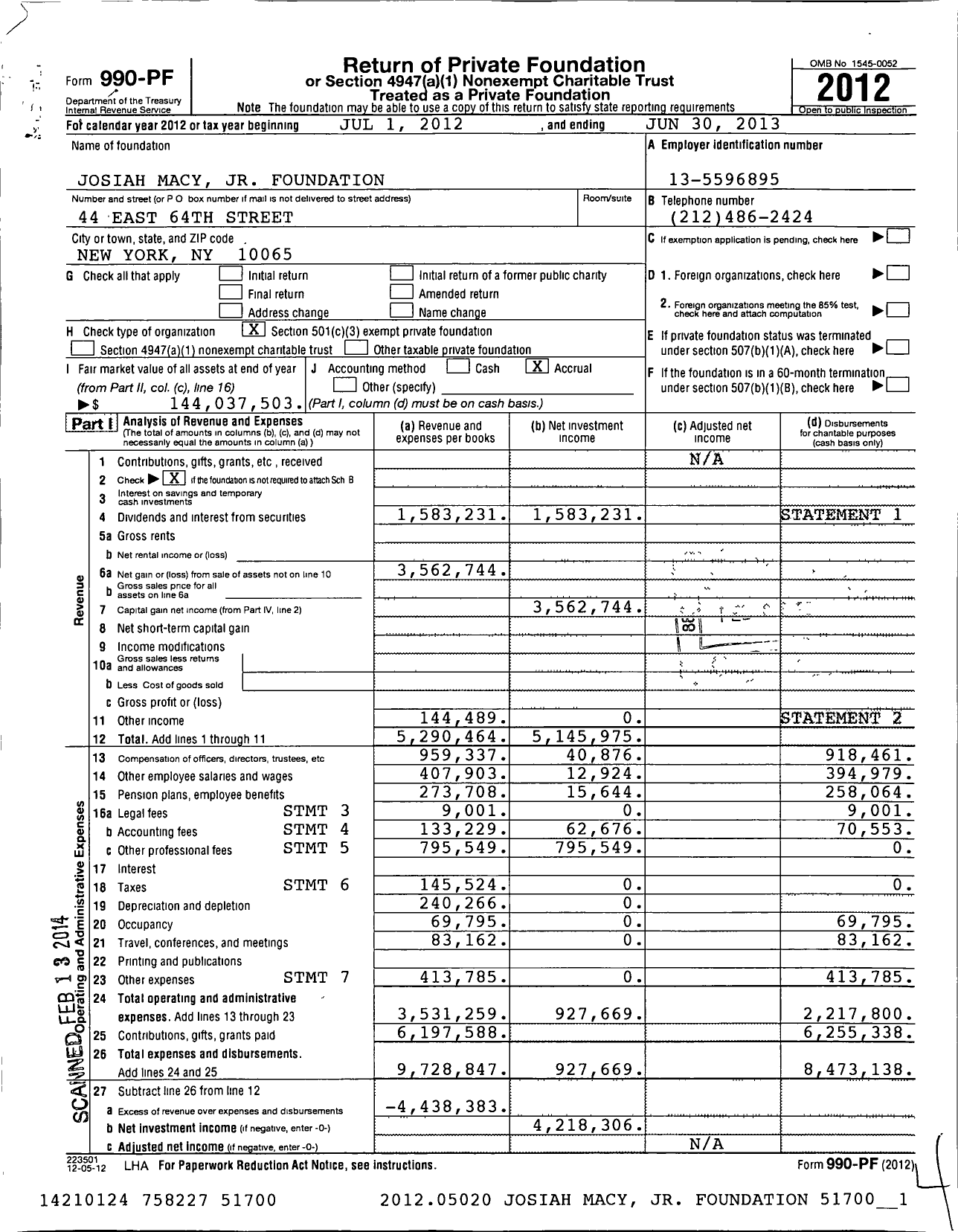 Image of first page of 2012 Form 990PF for Josiah Macy Jr Foundation