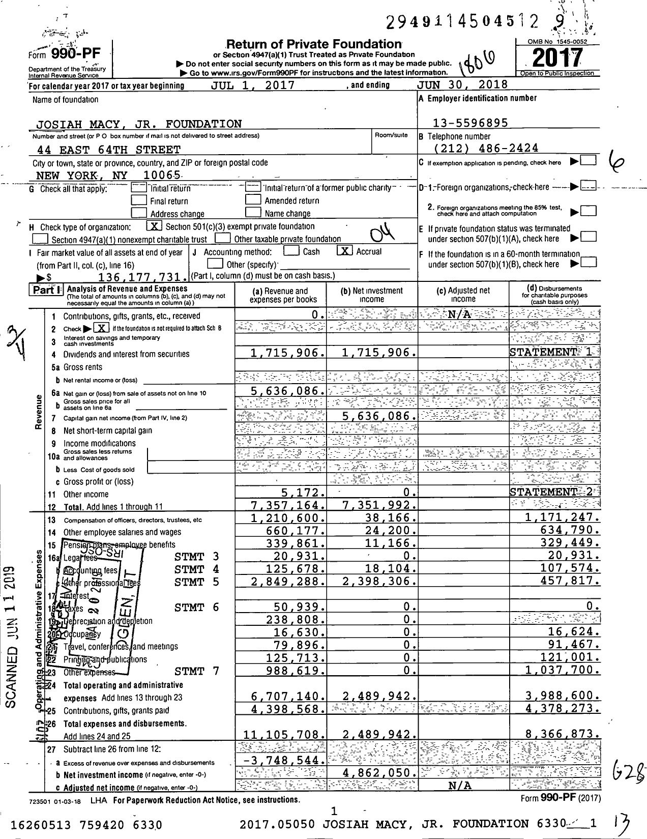 Image of first page of 2017 Form 990PF for Josiah Macy Jr Foundation