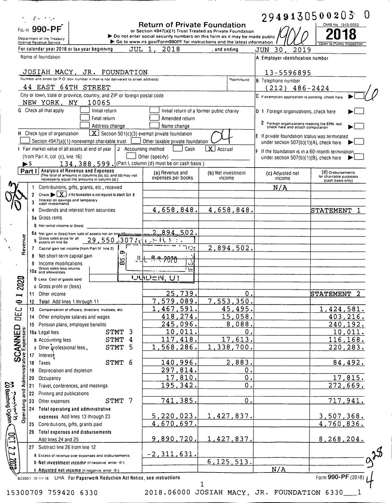 Image of first page of 2018 Form 990PF for Josiah Macy Jr Foundation