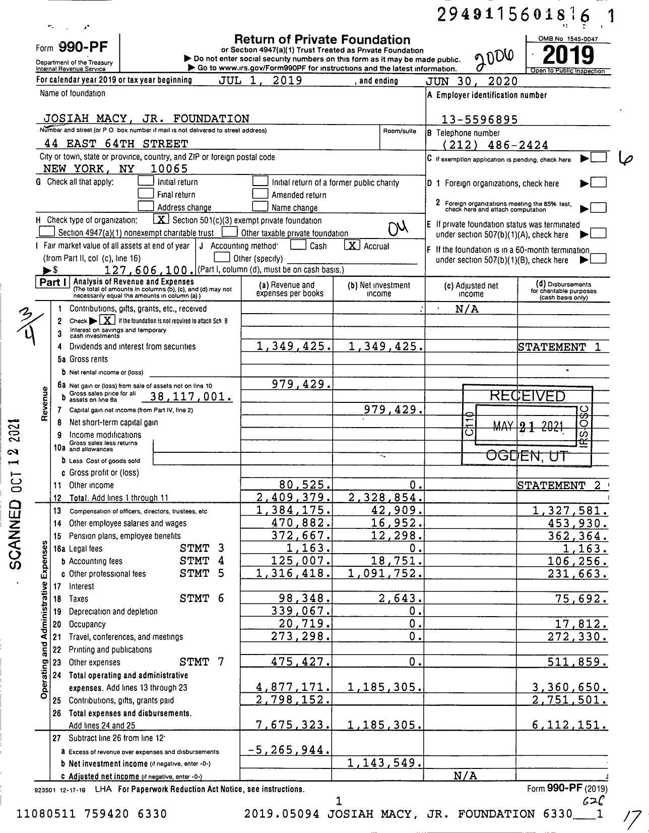 Image of first page of 2019 Form 990PF for Josiah Macy Jr Foundation