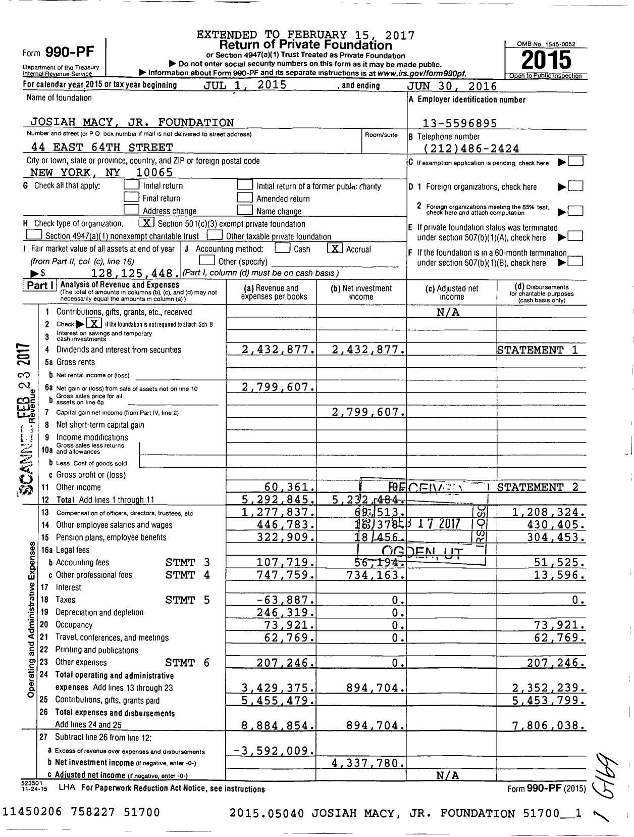 Image of first page of 2015 Form 990PF for Josiah Macy Jr Foundation