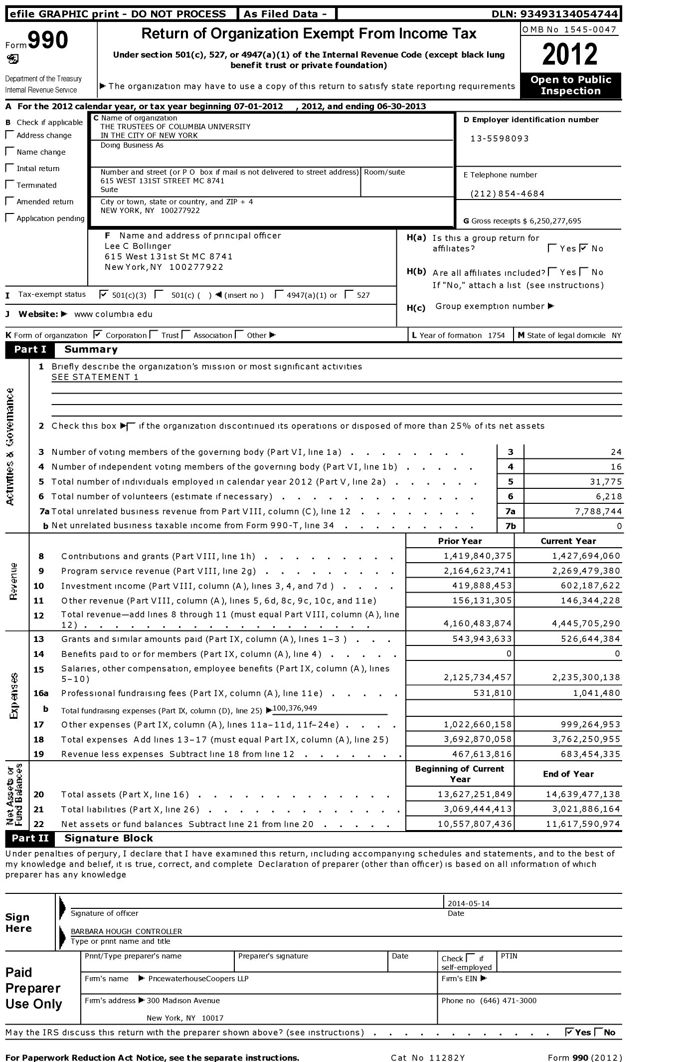 Image of first page of 2012 Form 990 for Columbia University