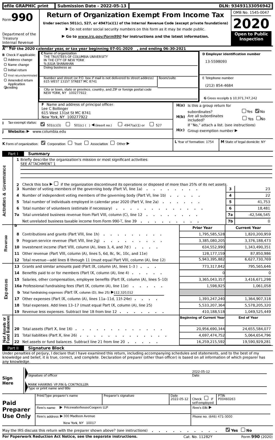 Image of first page of 2020 Form 990 for Columbia University