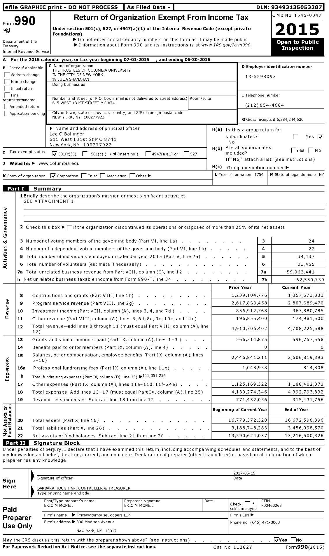 Image of first page of 2015 Form 990 for Columbia University