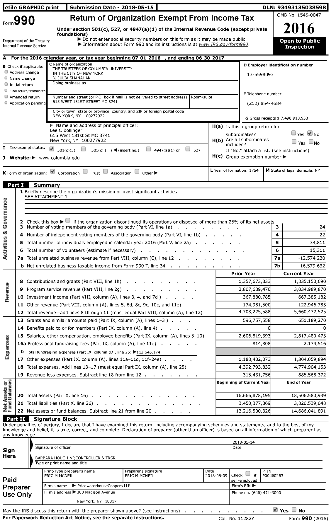 Image of first page of 2016 Form 990 for Columbia University