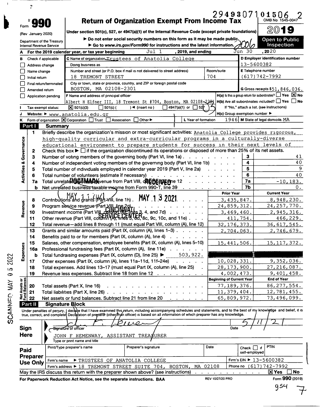 Image of first page of 2019 Form 990 for Anatolia College