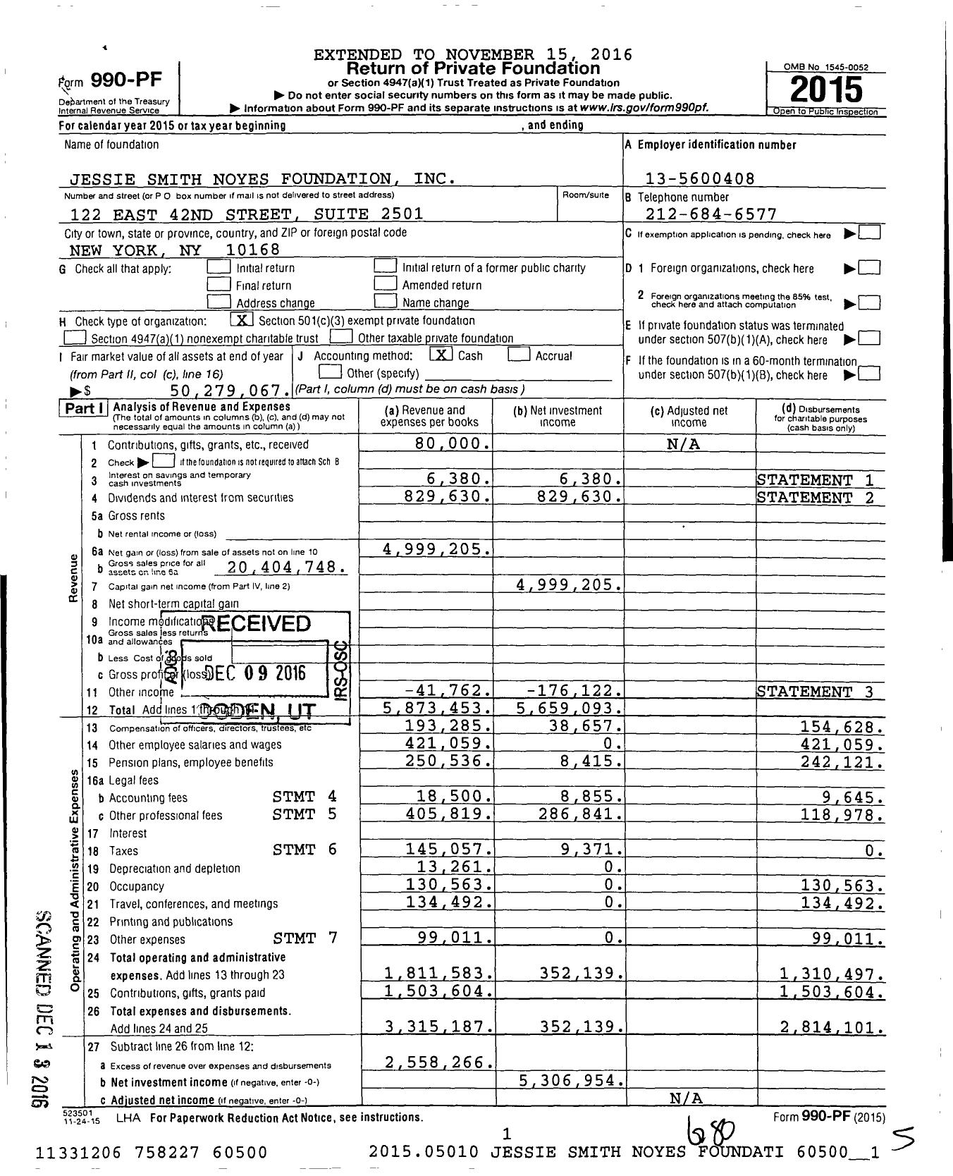 Image of first page of 2015 Form 990PF for Jessie Smith Noyes Foundation